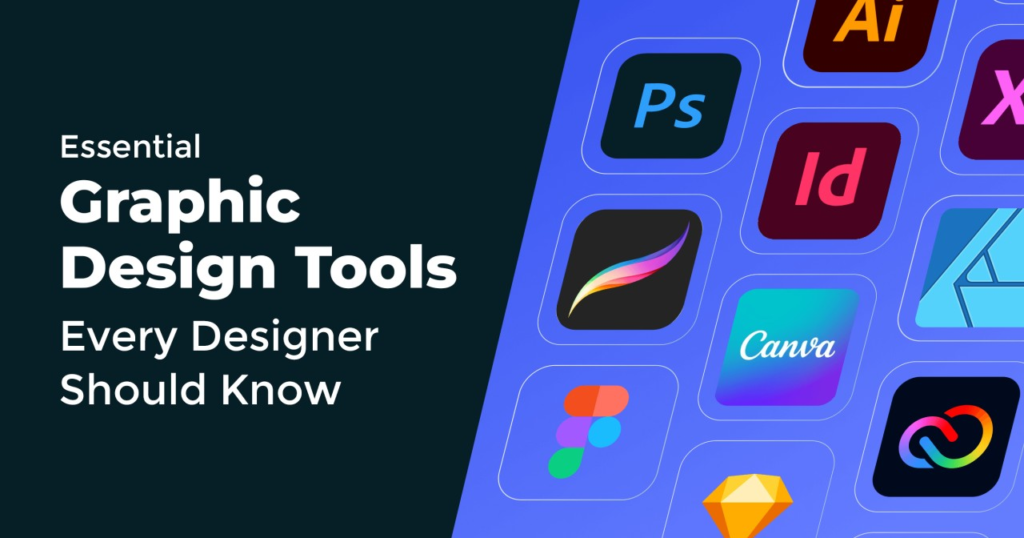Graphic Design tools for creating professional designs, featuring modern design software used for branding, visual content creation, photo editing, illustrations, marketing materials, and creative digital projects.