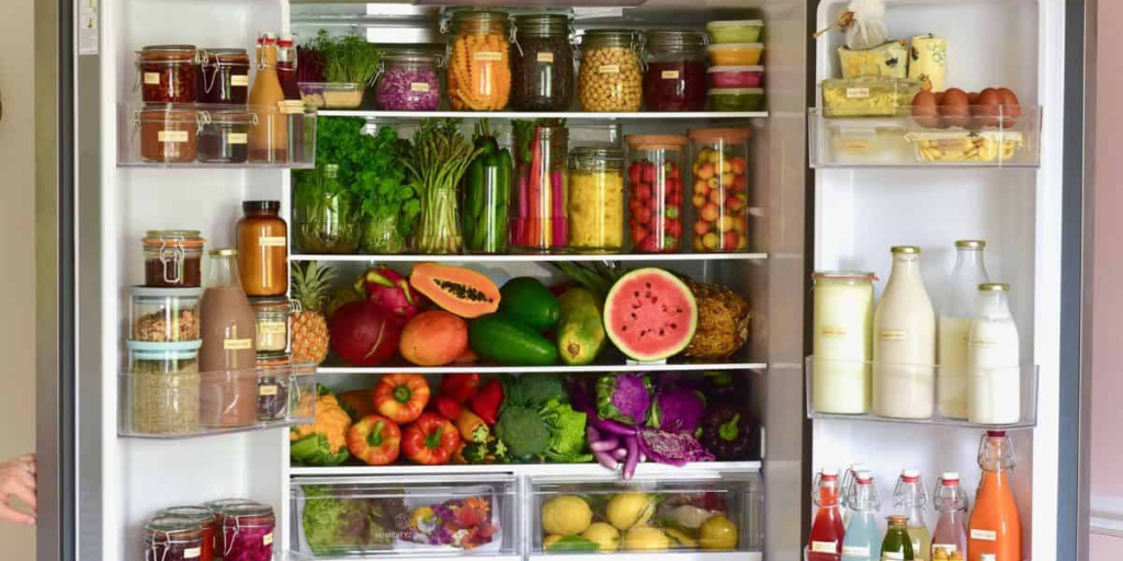 Organized refrigerator with fresh fruits, vegetables, dairy products, and airtight food storage containers for maximum freshness.