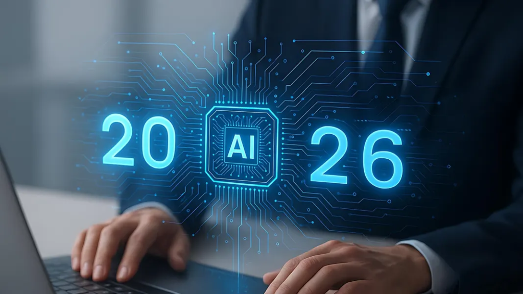 Futuristic illustration showcasing AI trends in 2026 with automation, AI agents, robotics, cloud computing, and digital innovation.