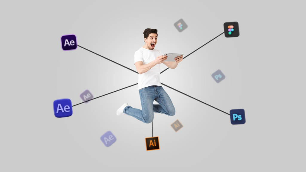 Graphic designer using popular graphic design tools like Canva, Photoshop, Illustrator, and Figma to create professional designs in 2026.