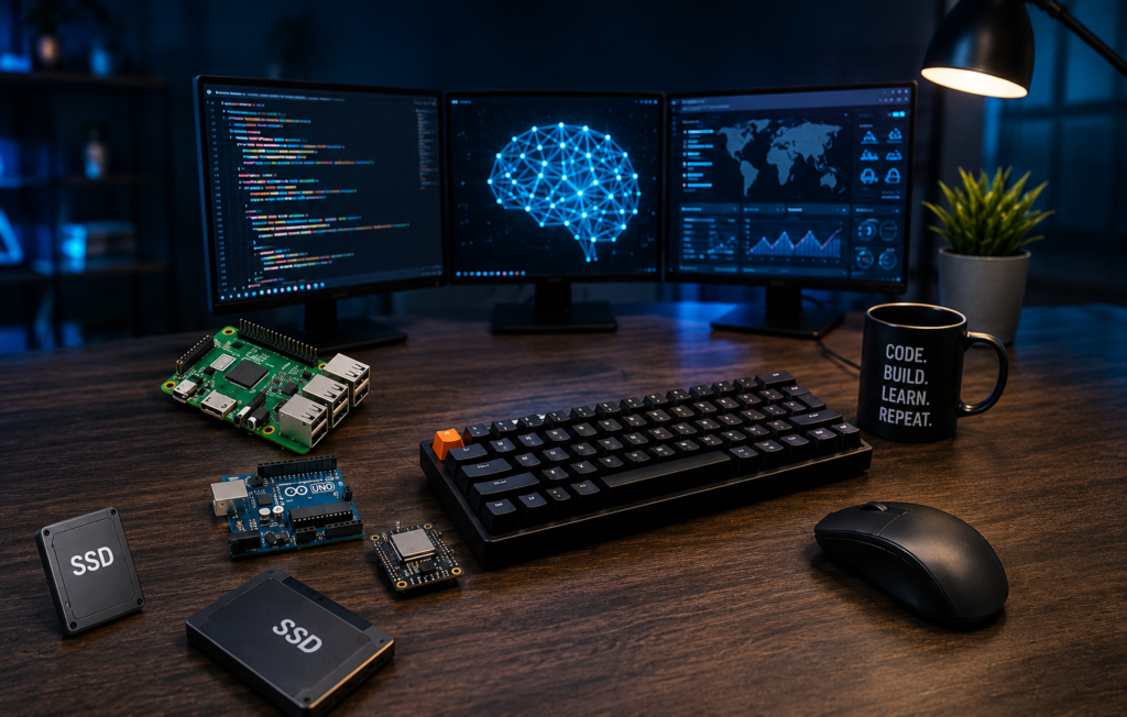 Modern AI workspace showcasing coding, artificial intelligence, machine learning, and automation tools for learning the most in-demand AI skills in 2026.
