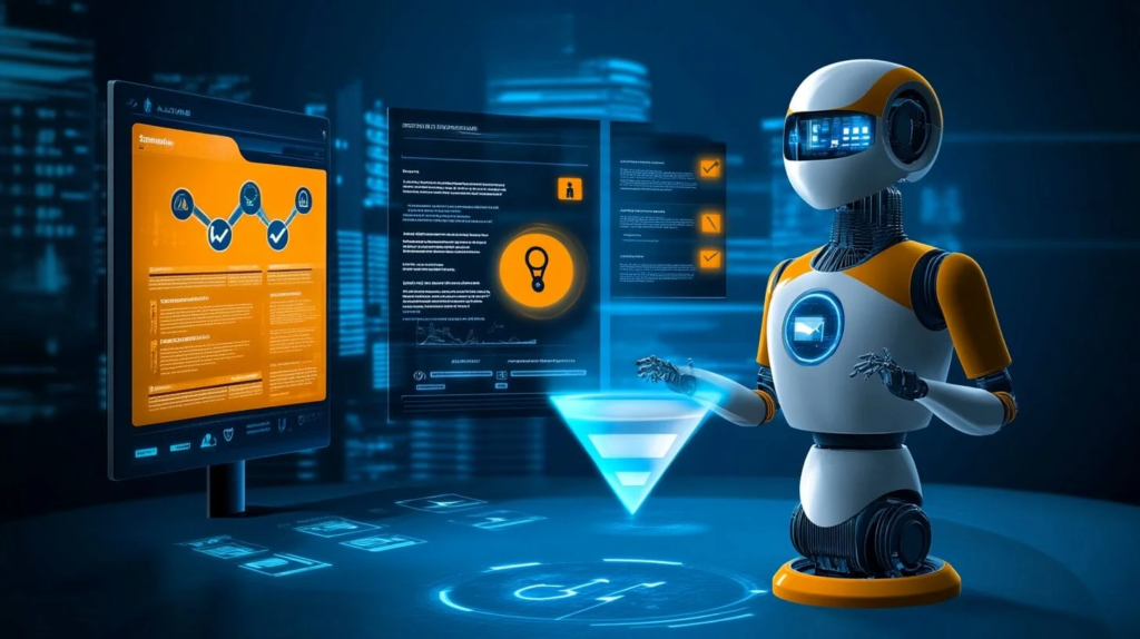 Small business owner using AI-powered tools for marketing, customer support, analytics, and workflow automation on a modern office computer dashboard.