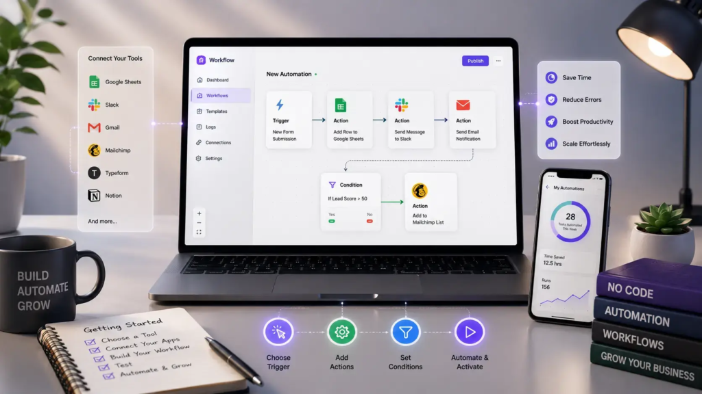 No-Code automation tools for simplifying workflows, automating tasks, connecting apps and saving time
